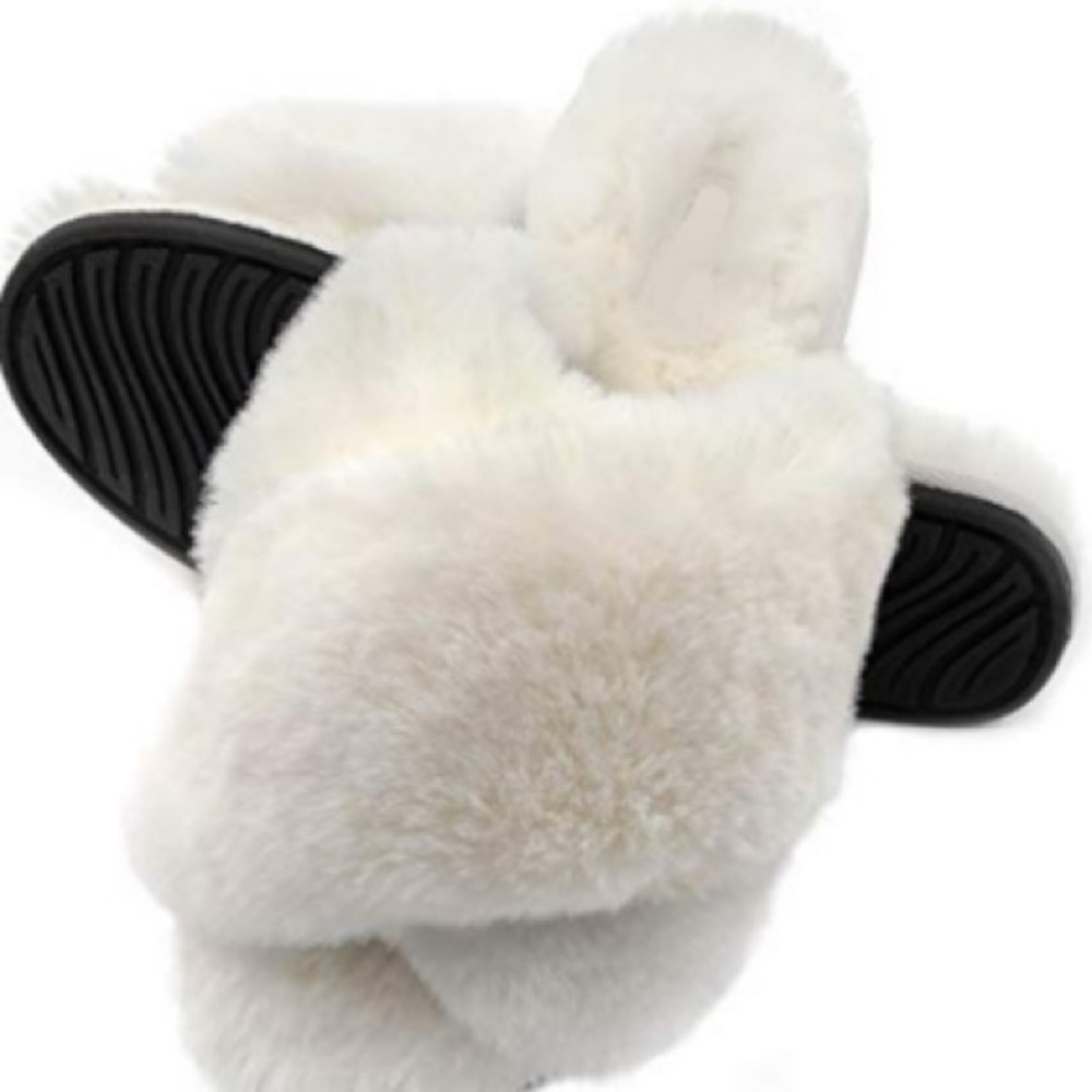 White fluffy faux fur cross band slippers